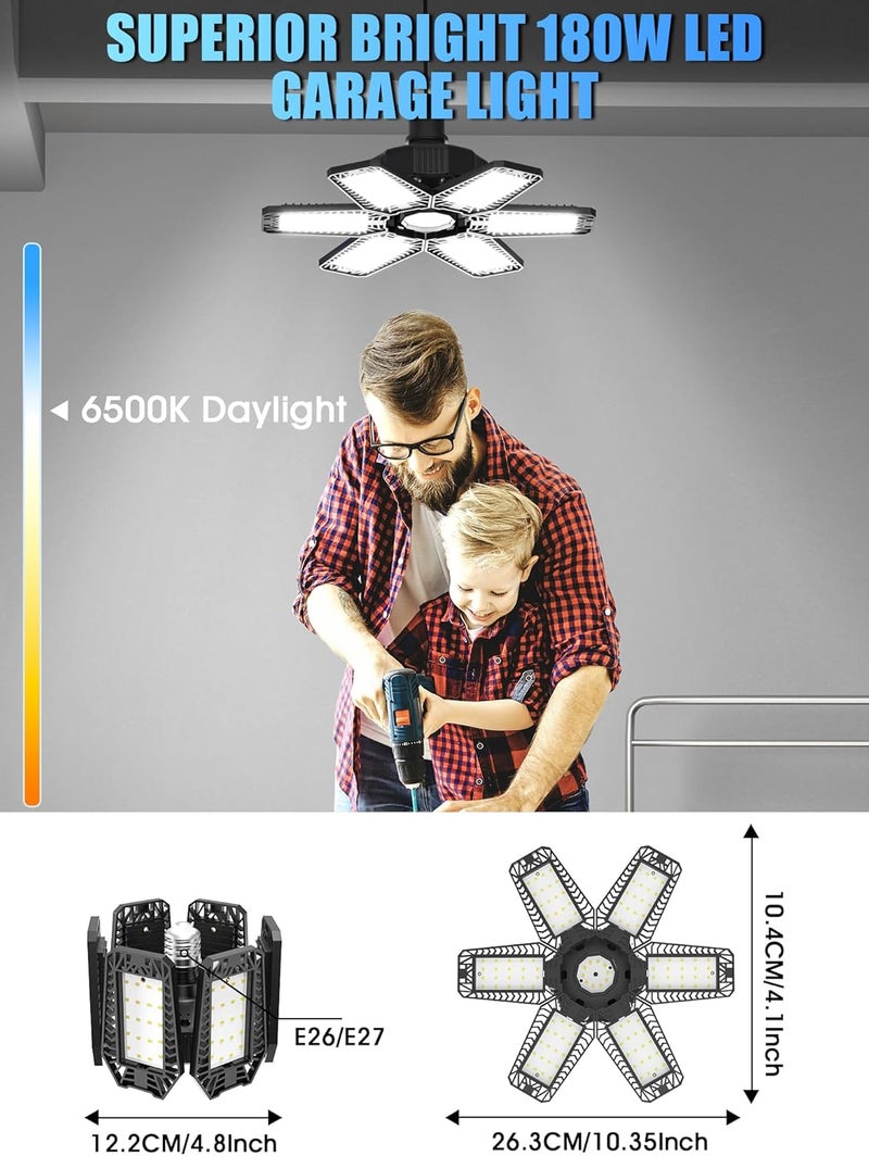 HAPYLUMI LED Garage Lights 6 Pack - 180W 18000LM Garage Lights Ceiling LED with 6 Deformable Panels, 6500K Shop Lighting Screw into E26 E27 Bulb Socket, for Workshop Barn Basement Gym Warehouse - Image 4